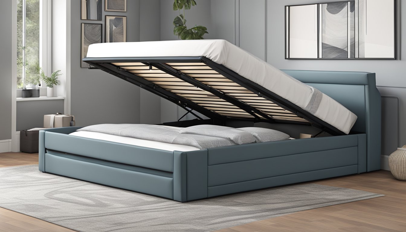 A hydraulic storage bed with a sleek, modern design. The bed frame is lifted, revealing ample storage space underneath