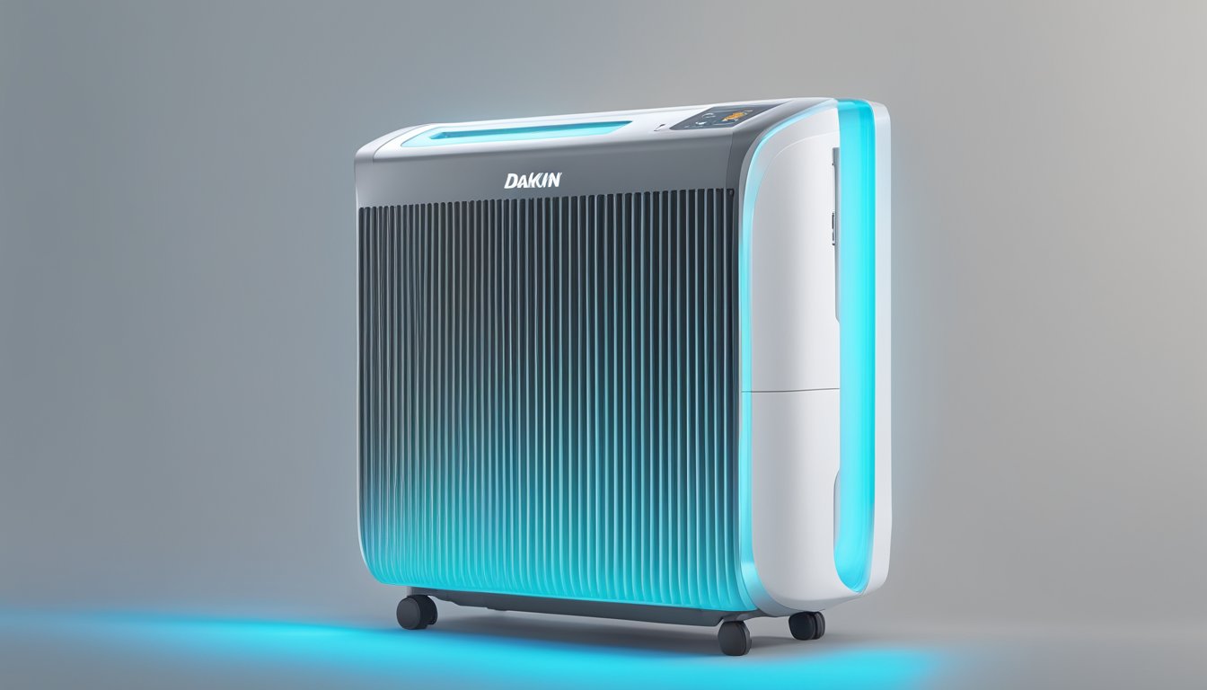A Daikin dehumidifier hums as it pulls moisture from the air, its LED display glowing with the current mode setting