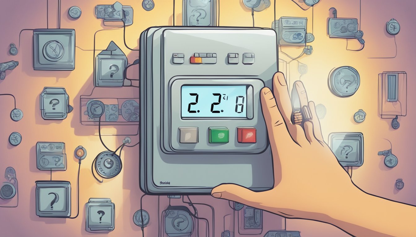 A hand reaches towards a thermostat, with a question mark above it. Rays of heat and dollar signs surround the thermostat
