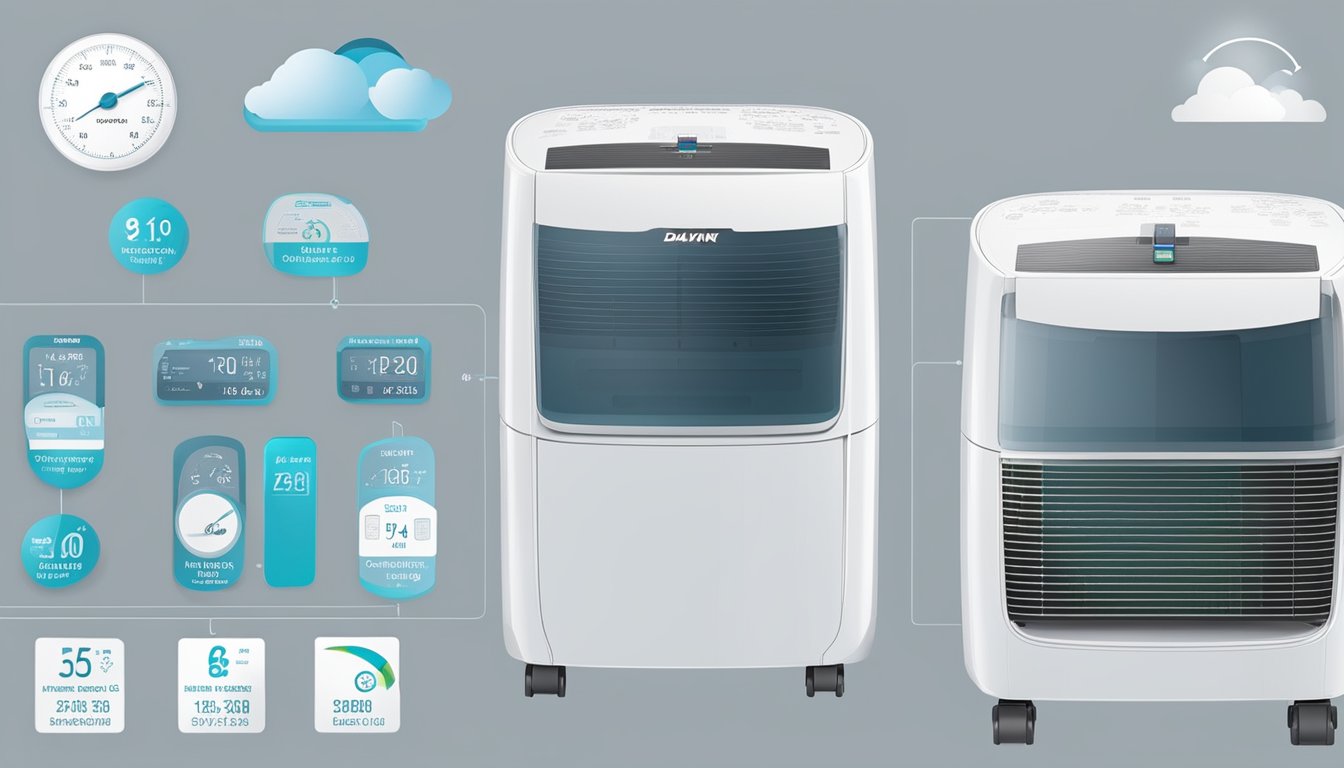 The Daikin dehumidifier is set to "dry mode," with the display showing the current humidity level and the desired level. The machine is quietly running, extracting moisture from the air