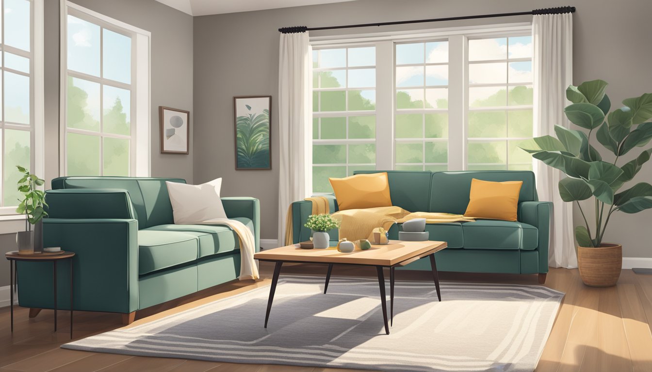 A cozy living room with a stylish and affordable sofa bed, positioned in front of a large window with natural light streaming in