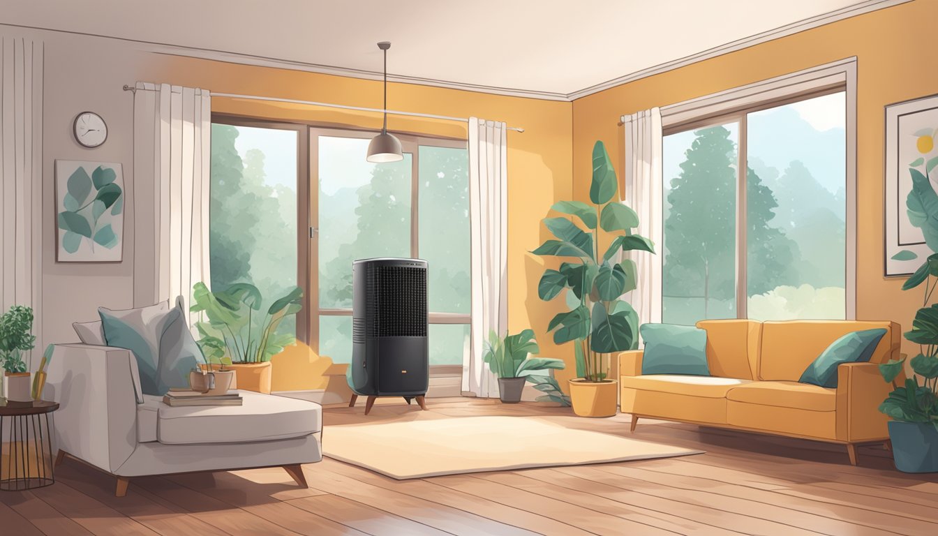 A cozy living room with a Daikin dehumidifier quietly running in the corner, creating a comfortable and relaxing atmosphere