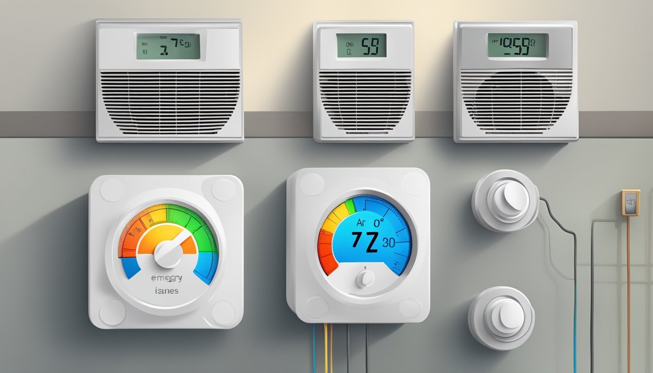 A thermostat set at different temperatures with an air conditioning unit turning on and off. Energy usage and cost comparison displayed nearby