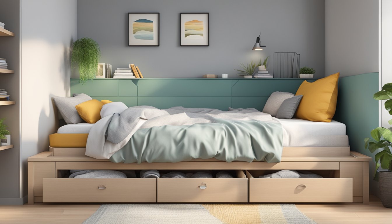 A storage bed without a headboard sits against a plain wall, with under-bed drawers pulled out and neatly organized with blankets and pillows