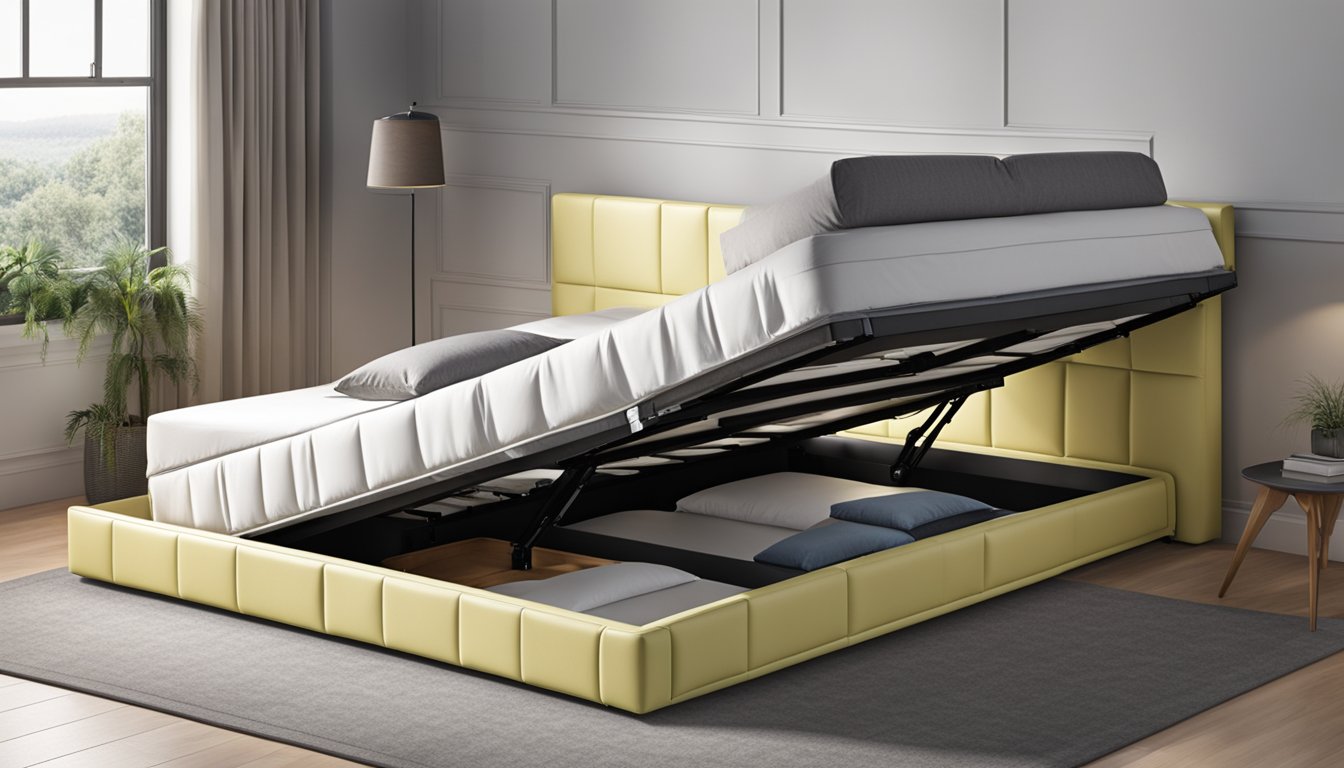 A hydraulic storage bed opens, revealing ample storage space beneath the mattress