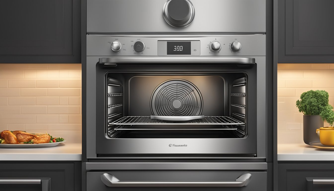 A sleek stainless steel oven emits a warm glow, with a digital display showing the temperature. The oven door is open, revealing a perfectly roasted turkey inside