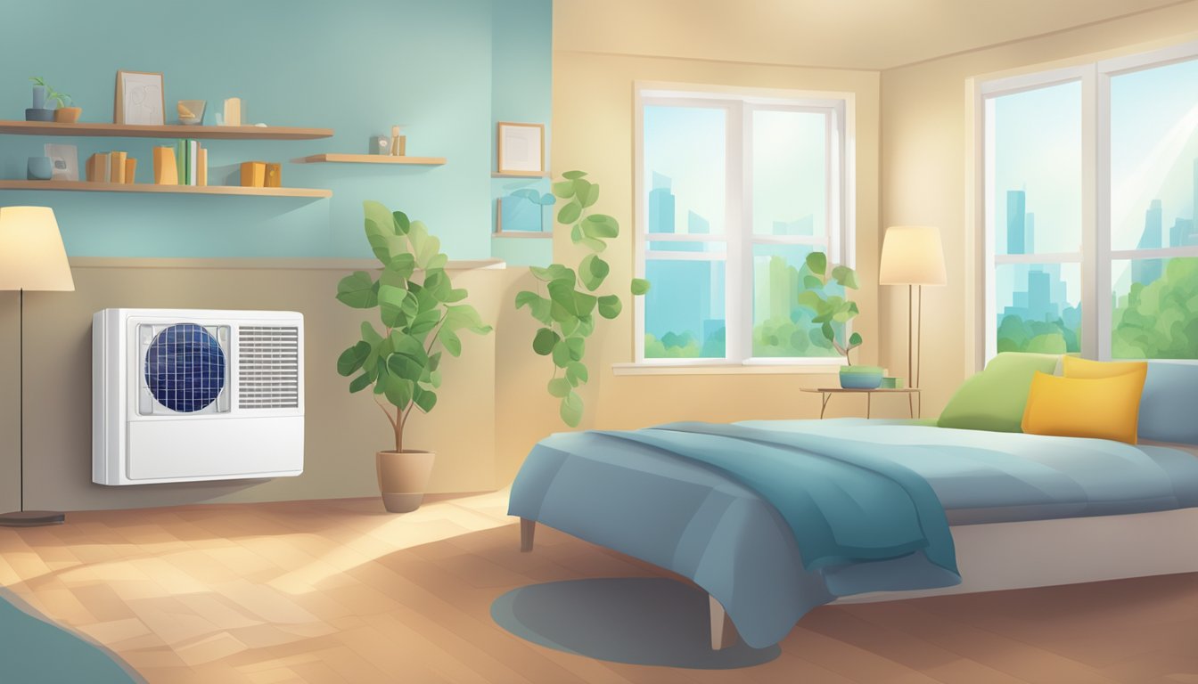 A room with a thermostat set at different temperatures, showing the impact of air conditioning habits on energy usage