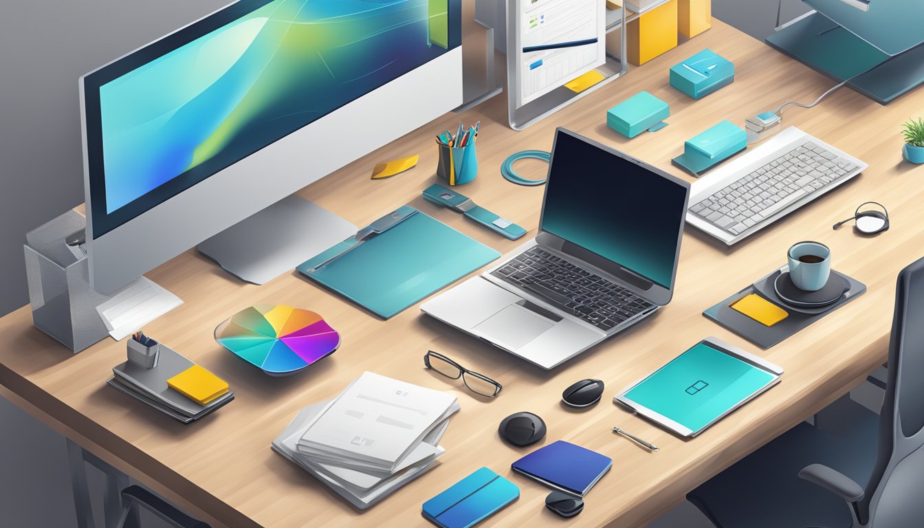 A sleek, modern office desk adorned with high-tech gadgets and personalized gifts for corporate clients