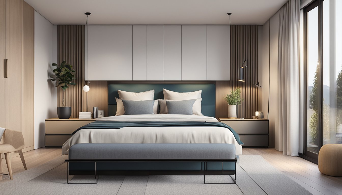 A spacious bedroom with a sleek, modern storage bed without a headboard. The bed is neatly made with crisp linens, and the room is decorated with minimalist furniture and clean lines