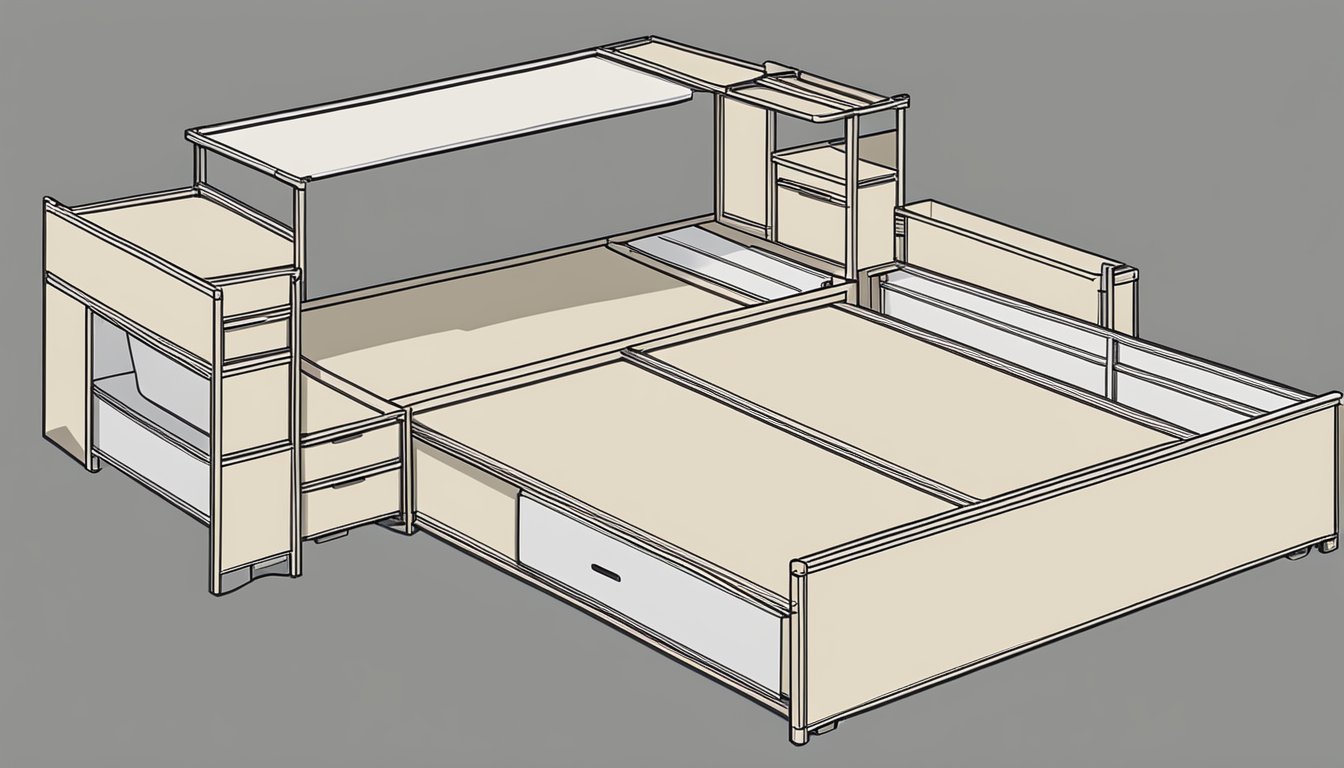 A queen size double decker bed, with a ladder on one side, and storage compartments built into the frame for functionality and convenience