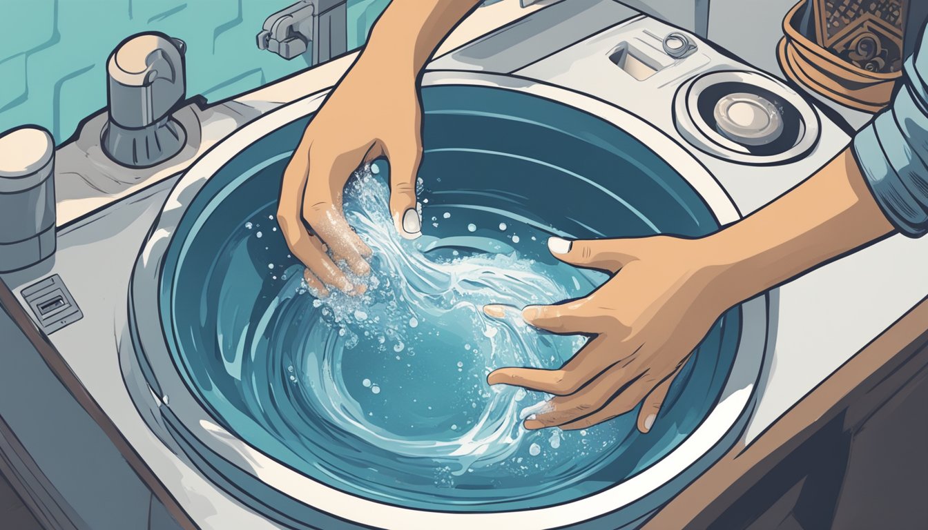 A hand placing a garment into a basin of water with a "no washing machine" symbol nearby