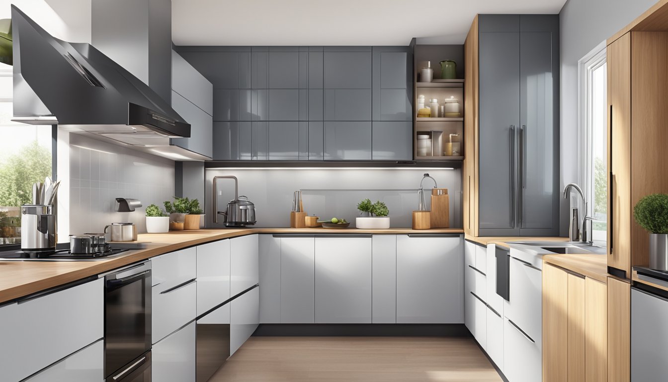 The kitchen base cabinets are arranged in a row, with sleek, modern handles and a glossy finish. The countertops are clean and clutter-free, with a few small appliances neatly placed on top
