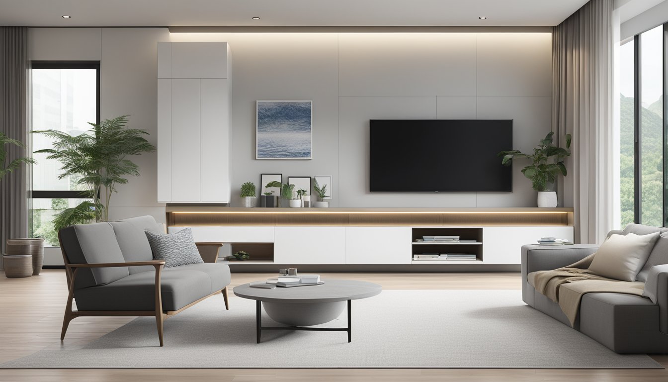 A sleek white TV console in a modern Singapore living room. Clean lines, minimalistic design, and integrated storage