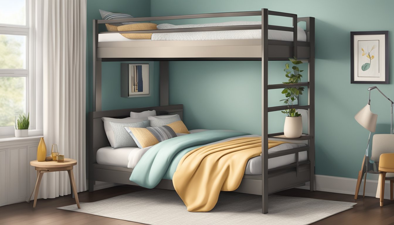 A queen size double decker bed with a ladder, safety rails, and a cozy comforter