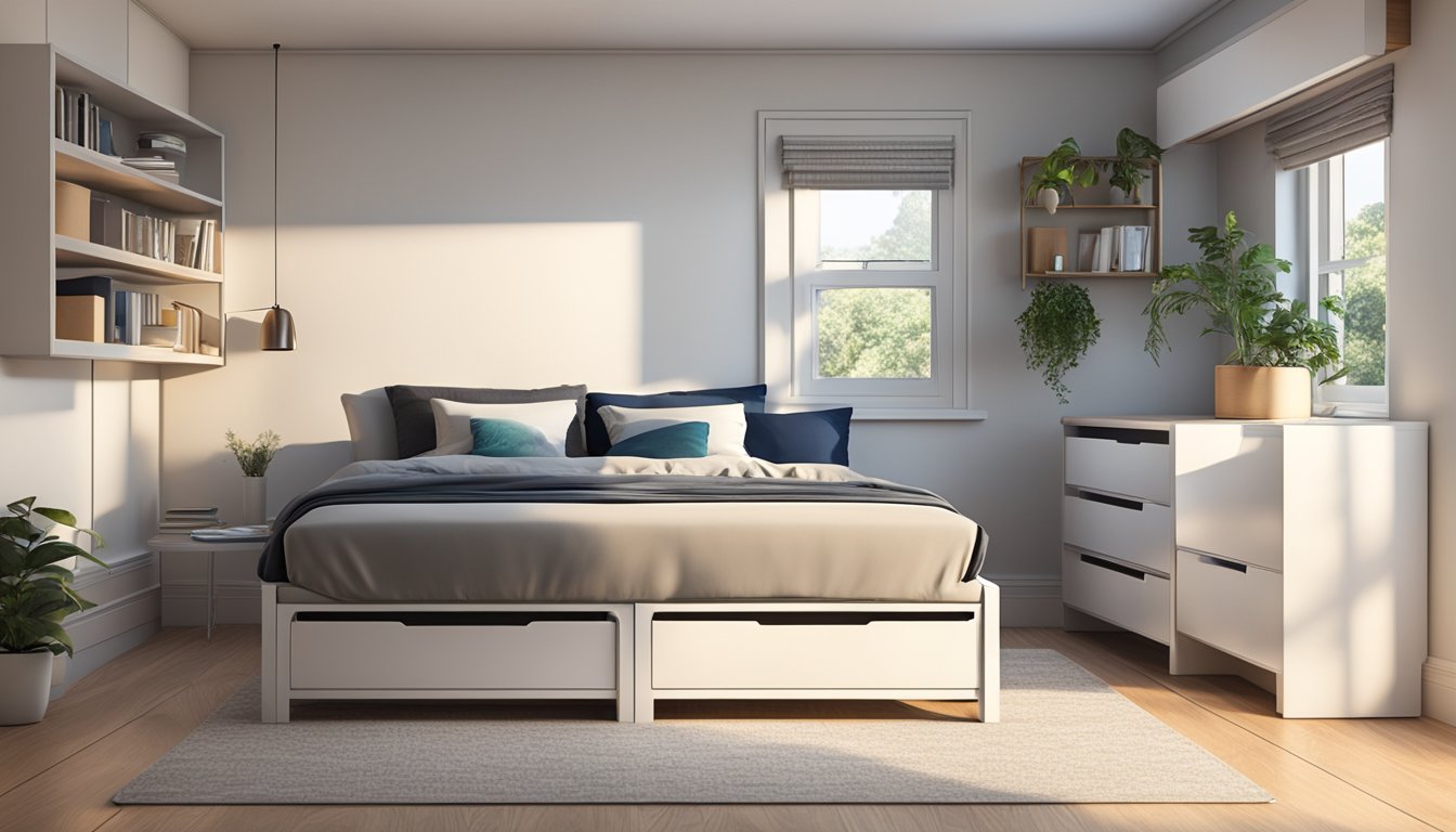 A storage bed without a headboard sits against a bedroom wall, with drawers or compartments visible underneath the mattress. The room is tidy and well-lit, with minimal decor