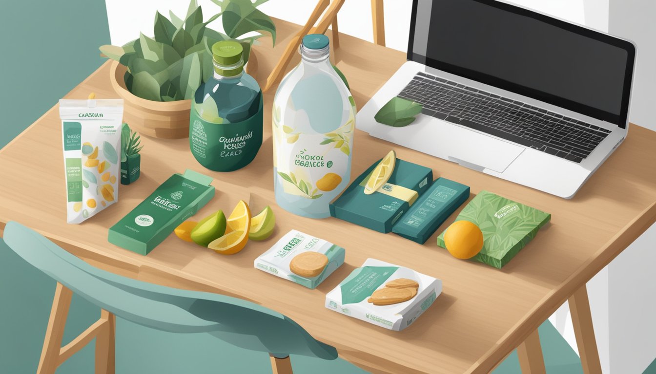 A sustainable gift basket filled with eco-friendly items, such as reusable water bottles, bamboo utensils, and organic snacks, displayed on a sleek, modern desk