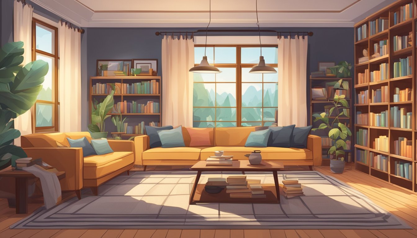 A cozy living room with a stylish sofa bed, surrounded by shelves of books and a warm, inviting ambiance