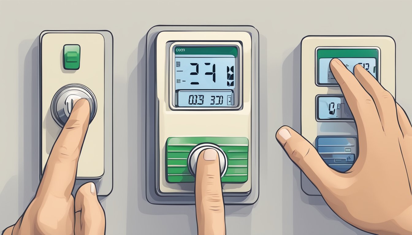 A hand reaches for a thermostat, toggling it on and off. A meter displays rising and falling costs