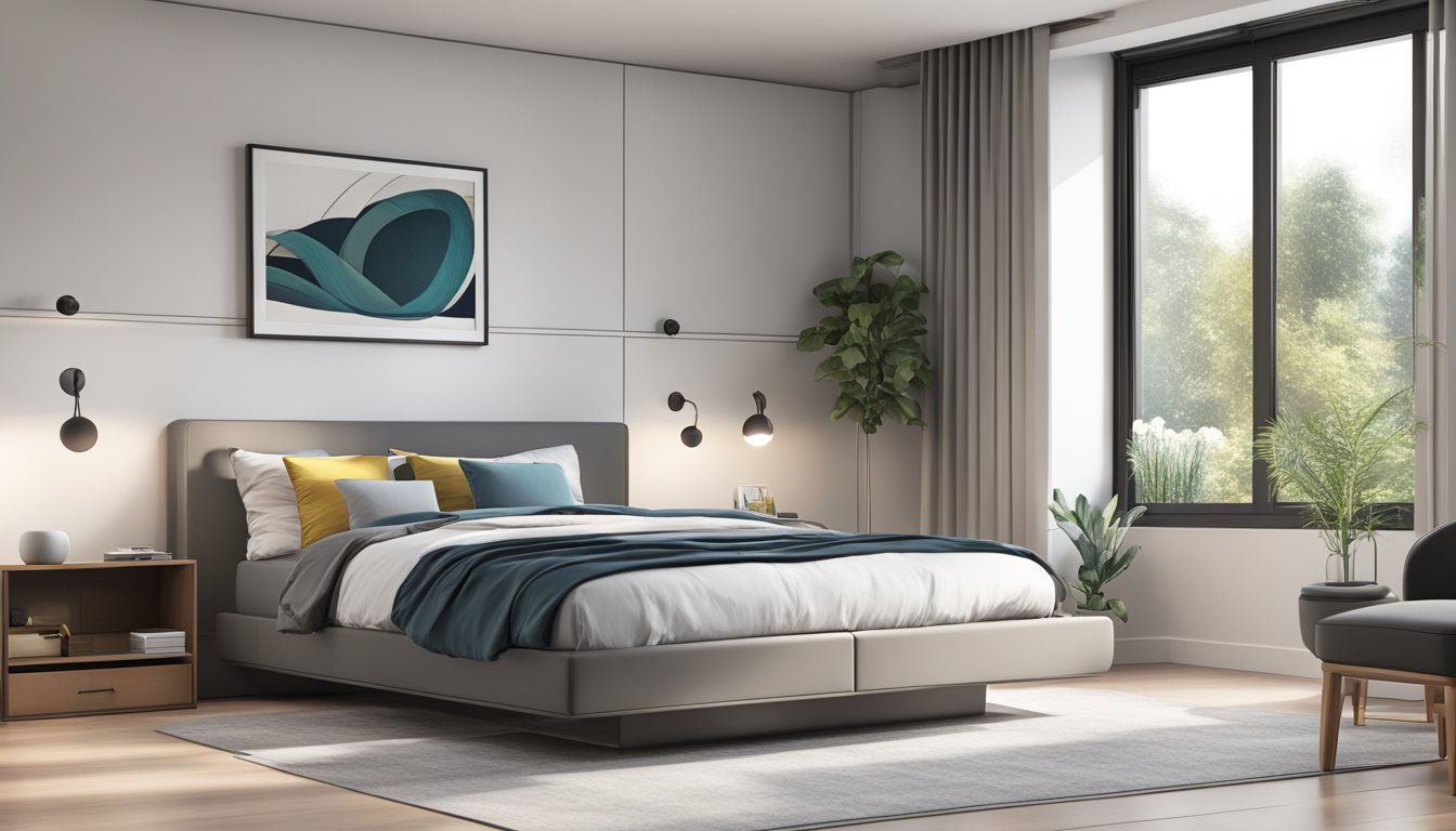A modern bedroom with a sleek storage bed, no headboard. Clean lines, minimalist design, and ample storage space underneath