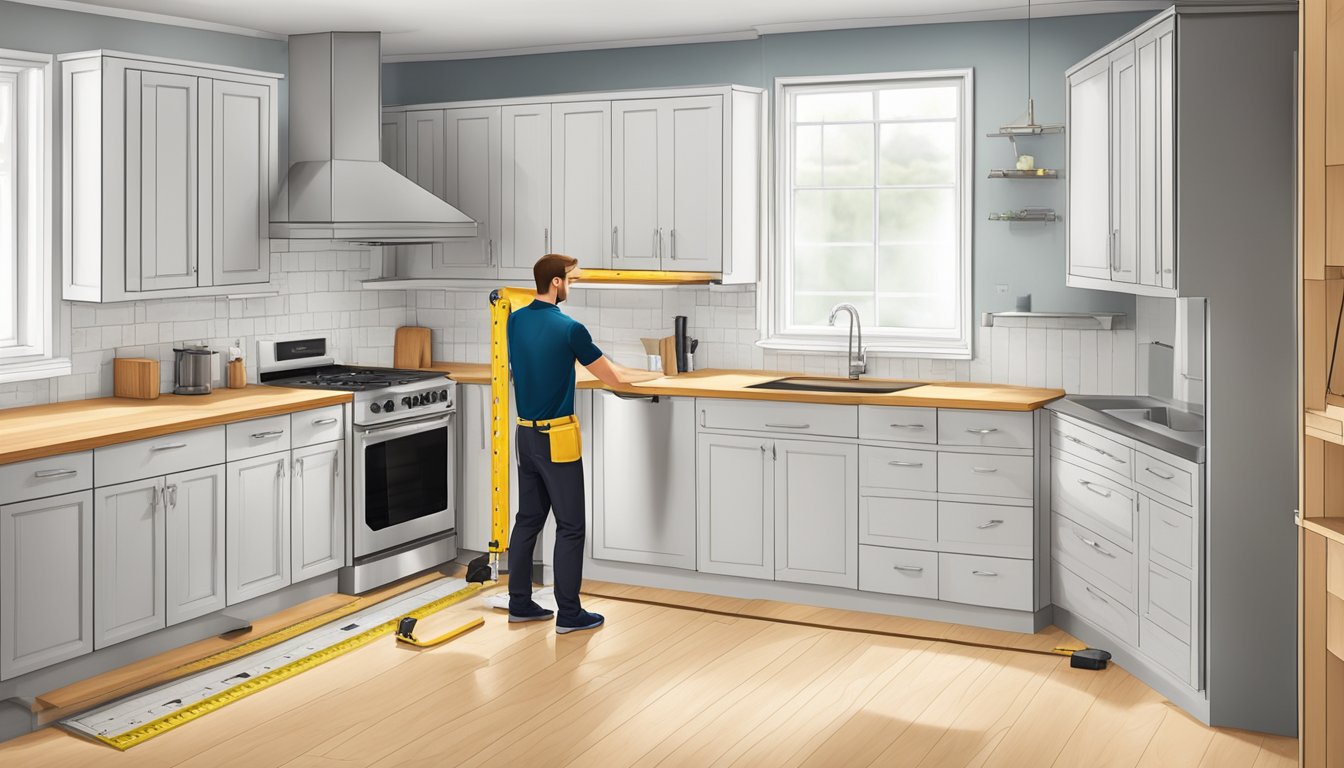 A carpenter installs and customizes kitchen base cabinets, using a drill and measuring tape. Cabinets are arranged and secured against a wall