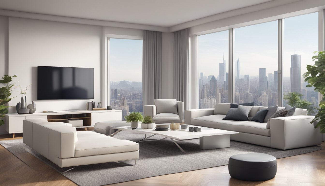 A modern living room with a sleek white TV console, surrounded by minimalist furniture and a backdrop of city skyline through floor-to-ceiling windows
