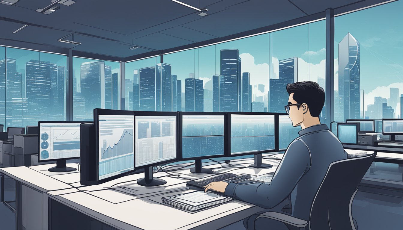 A data analyst sits at a desk, surrounded by computer monitors and data charts. A city skyline is visible through the window, indicating the Singapore location