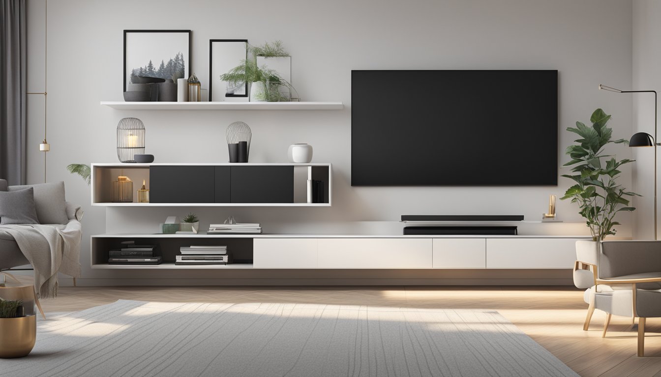 A sleek white TV console with open shelves and closed cabinets, set against a modern living room backdrop