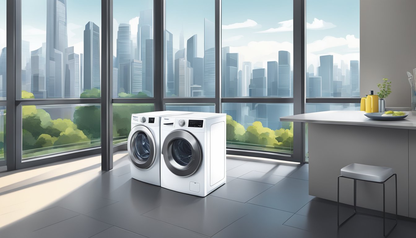 A modern washing machine in a sleek Singaporean apartment, with a city skyline visible through the window