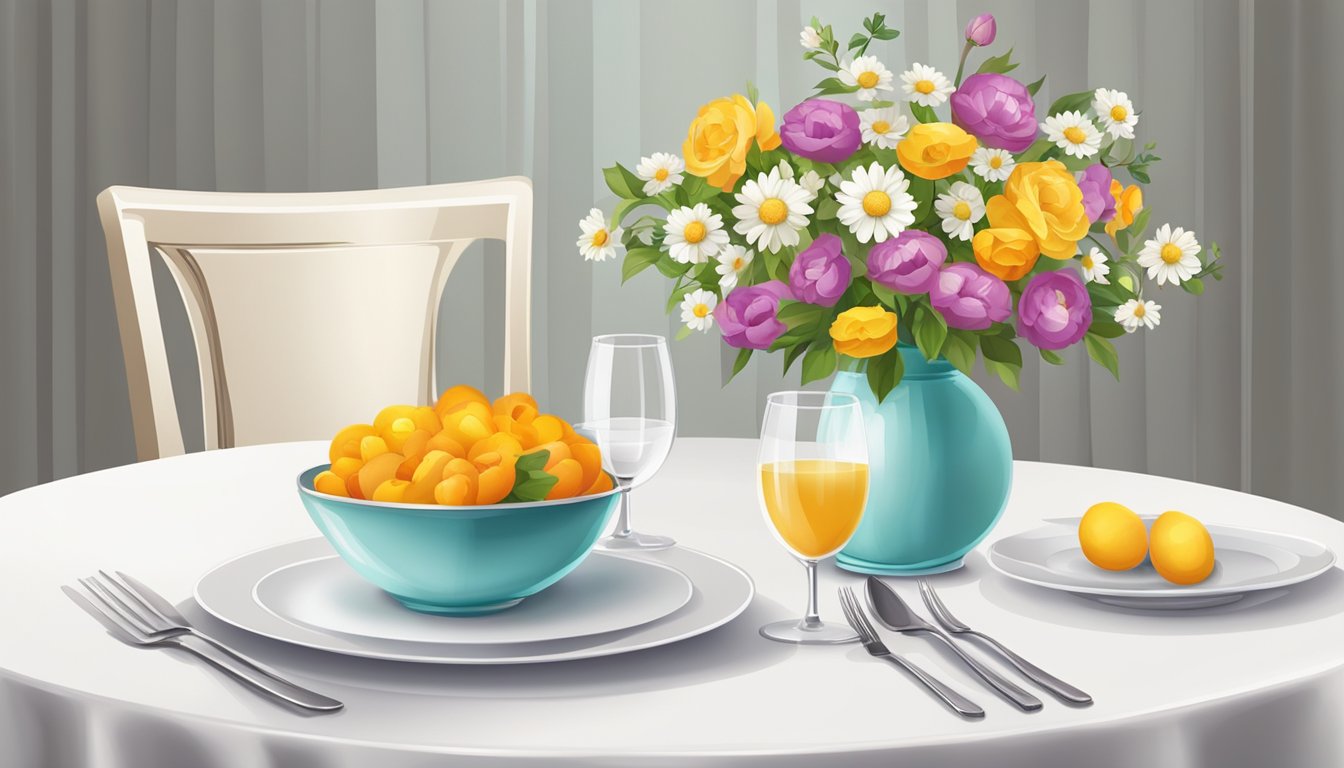 A small round dining table with a white tablecloth, set with two place settings and a vase of flowers in the center