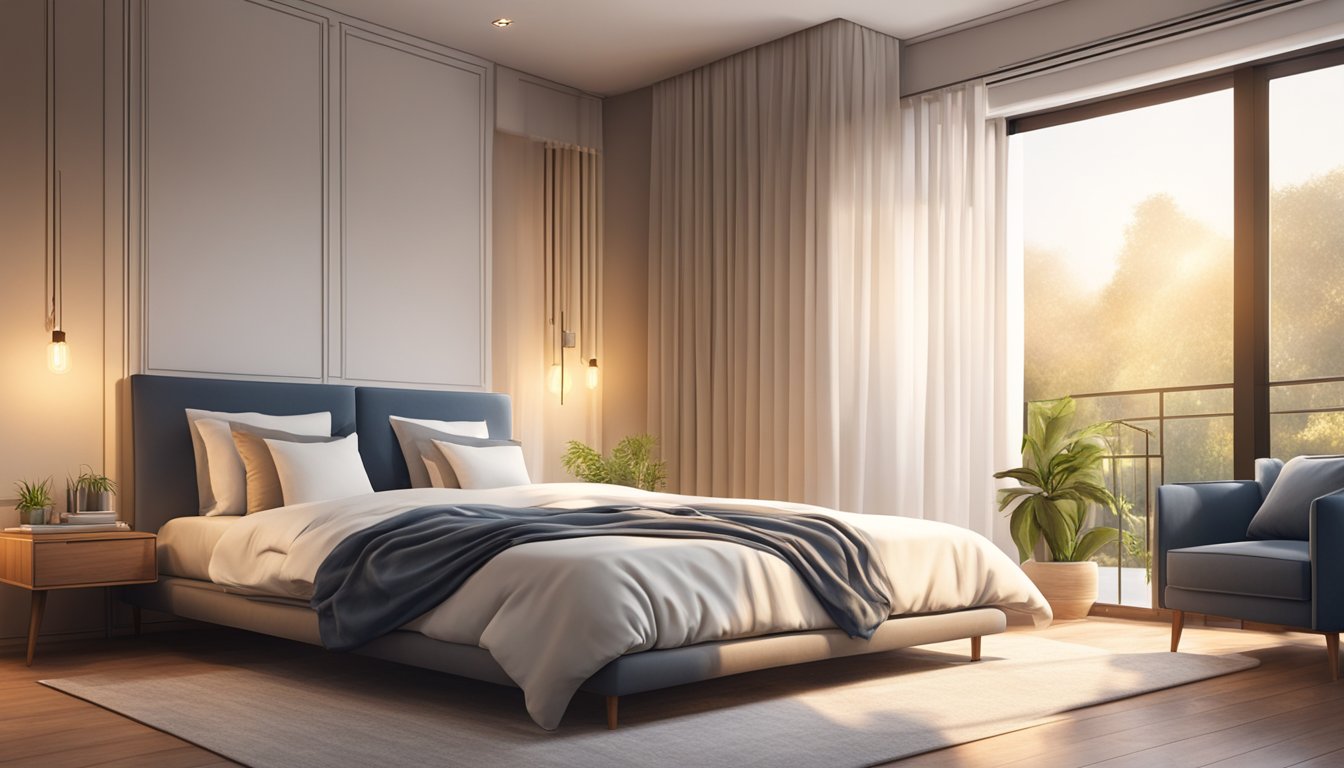 A cozy bedroom with a neatly made bed, adorned with soft, luxurious cotton bed sheets. The room is bathed in warm, natural light, creating a serene and inviting atmosphere