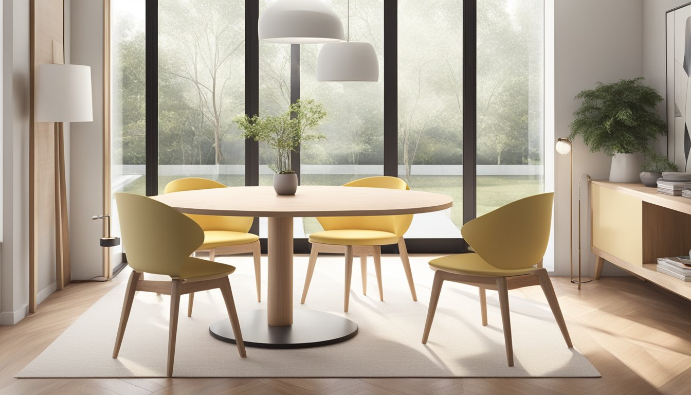 A small round dining table sits in a bright, airy room with minimalistic decor. The table is made of light-colored wood with sleek, clean lines, surrounded by modern chairs