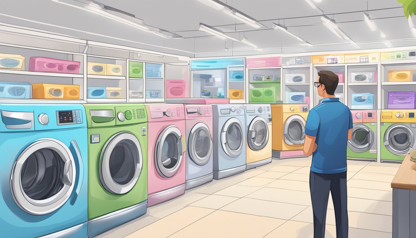 A person carefully comparing features of various washing machines in a brightly lit appliance store showroom