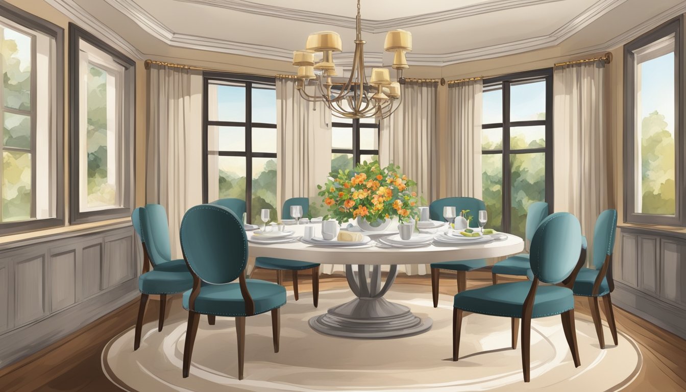 A small round dining table adorned with elegant place settings and a centerpiece, surrounded by comfortable chairs in a warm, inviting atmosphere