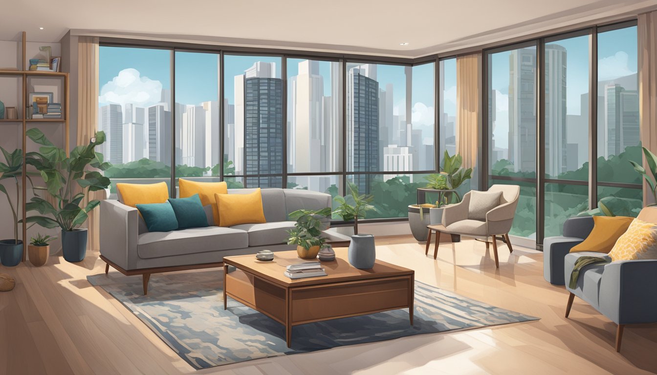 A cozy living room with a view of the iconic Maybank HDB building in Singapore. The room is filled with comfortable furniture and warm, inviting decor
