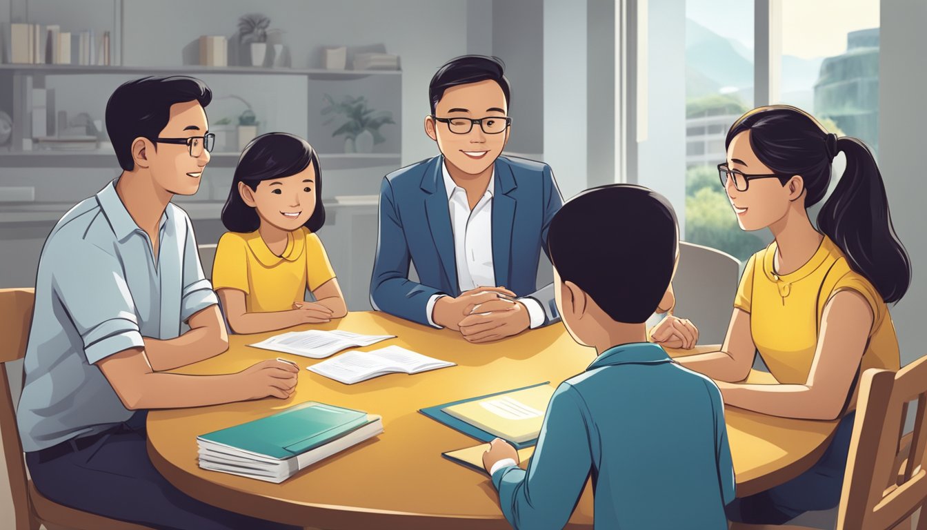 A family sits around a table, discussing Maybank HDB Home Loans. A friendly banker explains the loan options while the family listens attentively