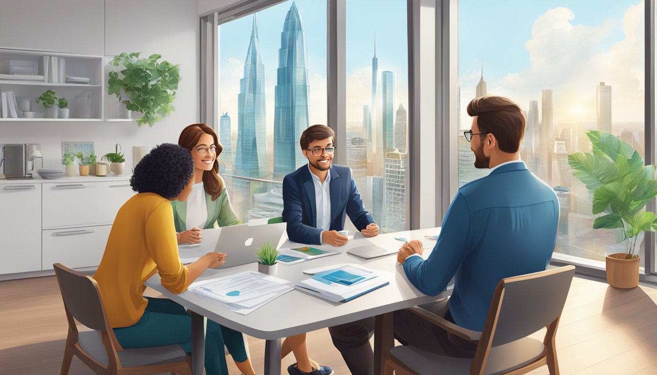 A family sits around a table, discussing mortgage options with a Standard Chartered representative. The room is bright and inviting, with a view of the city skyline through the window