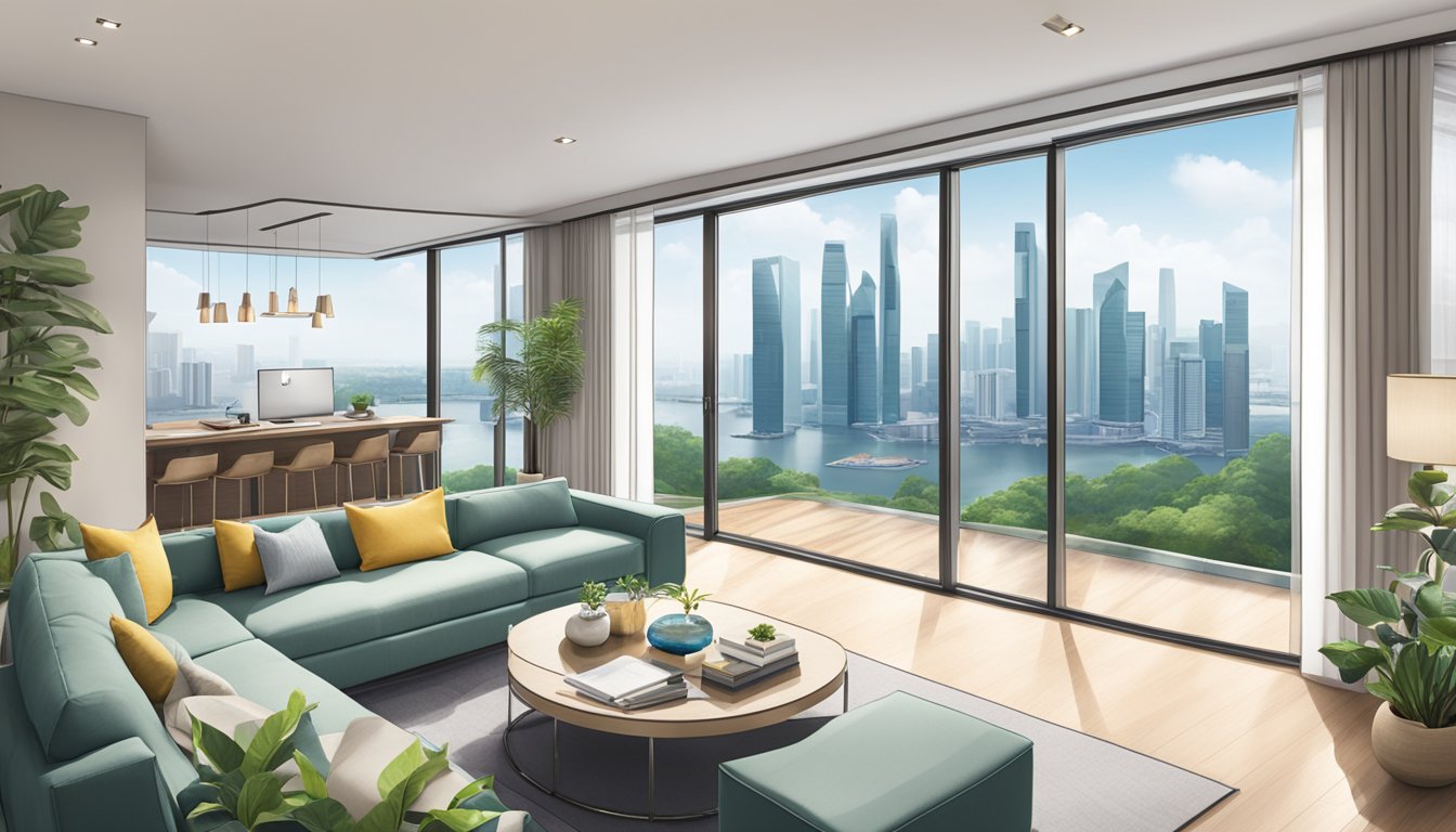 A modern, spacious living room with a view of the Singapore skyline, featuring a sleek Standard Chartered Home Loan sign