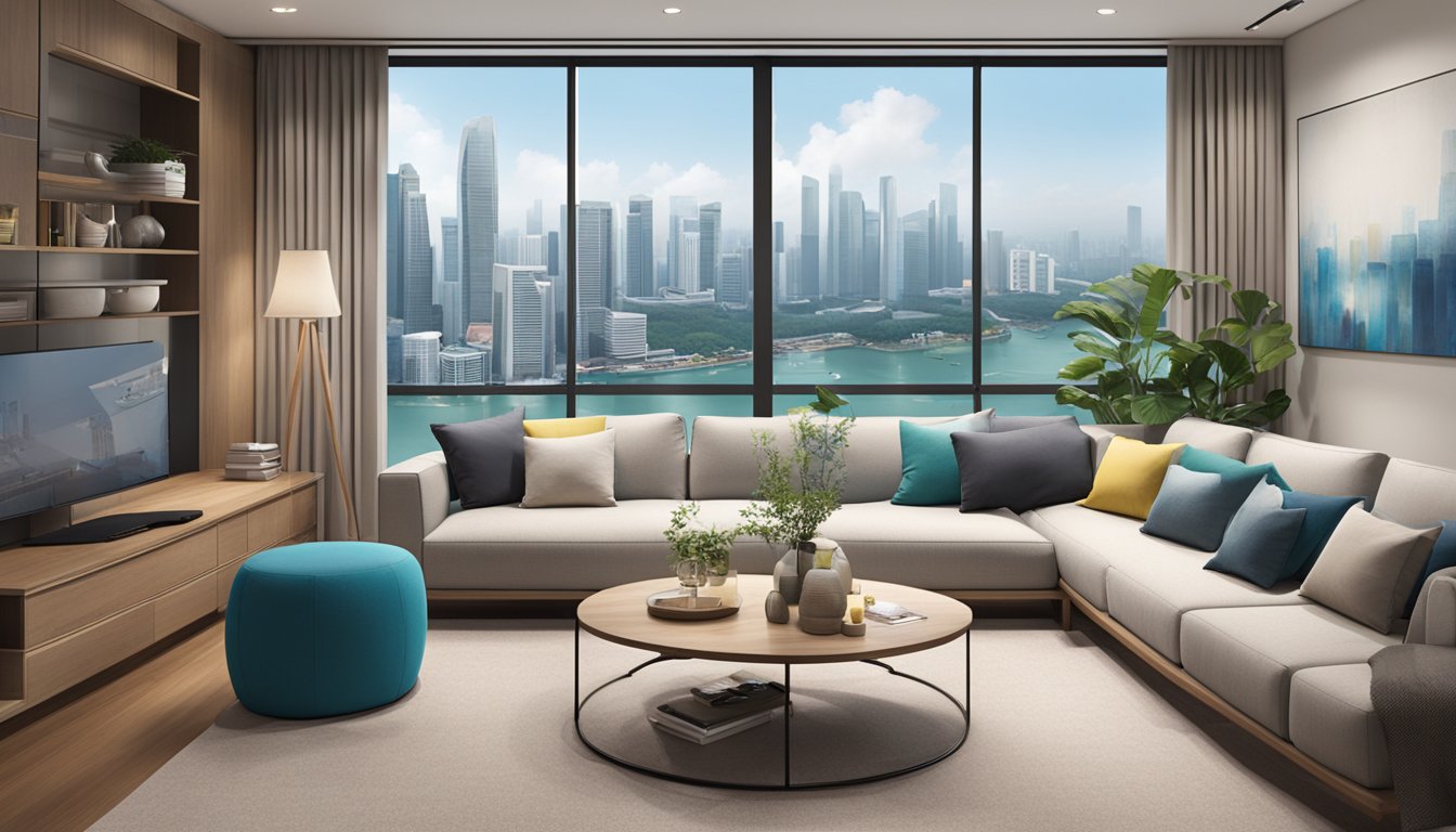 A cozy living room with a view of the Singapore skyline, featuring modern furniture and decor, with the Standard Chartered logo subtly displayed