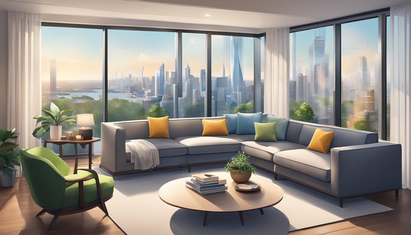 A cozy living room with a modern sofa, a sleek coffee table, and large windows overlooking the city skyline. A Standard Chartered logo subtly displayed in the corner