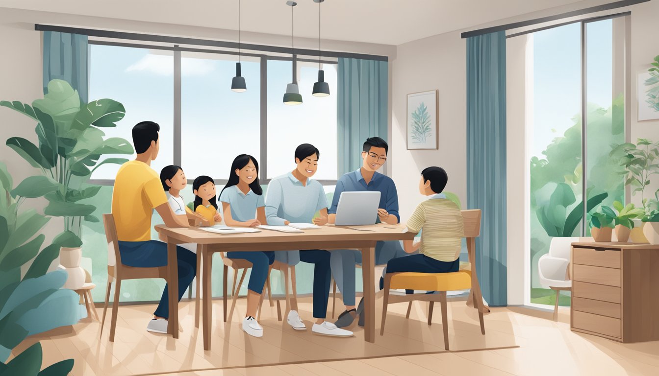 A family sits at a table, reviewing Home Loan options in Singapore. A Standard Chartered brochure is open, with HDB Home Suite details highlighted