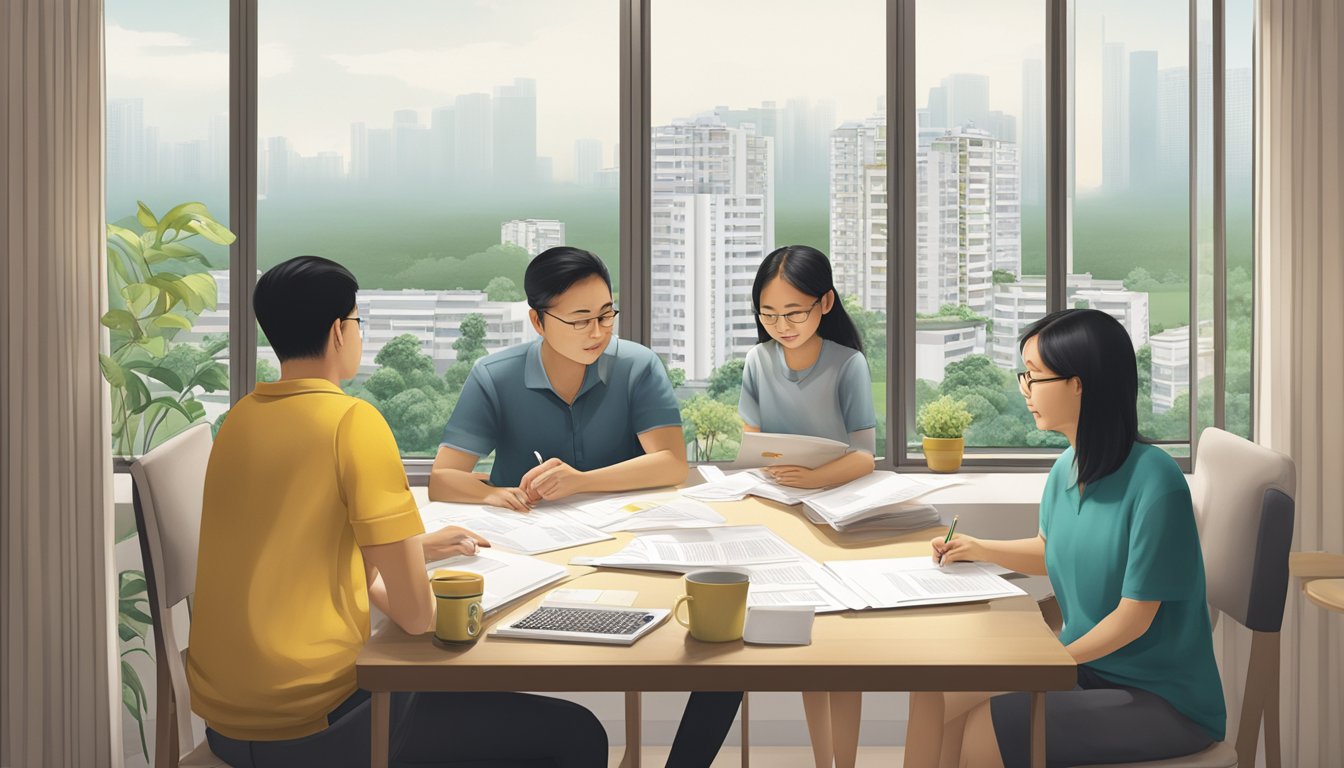 A family sits around a table, reviewing documents with the Maybank logo, while a HDB flat is visible through the window