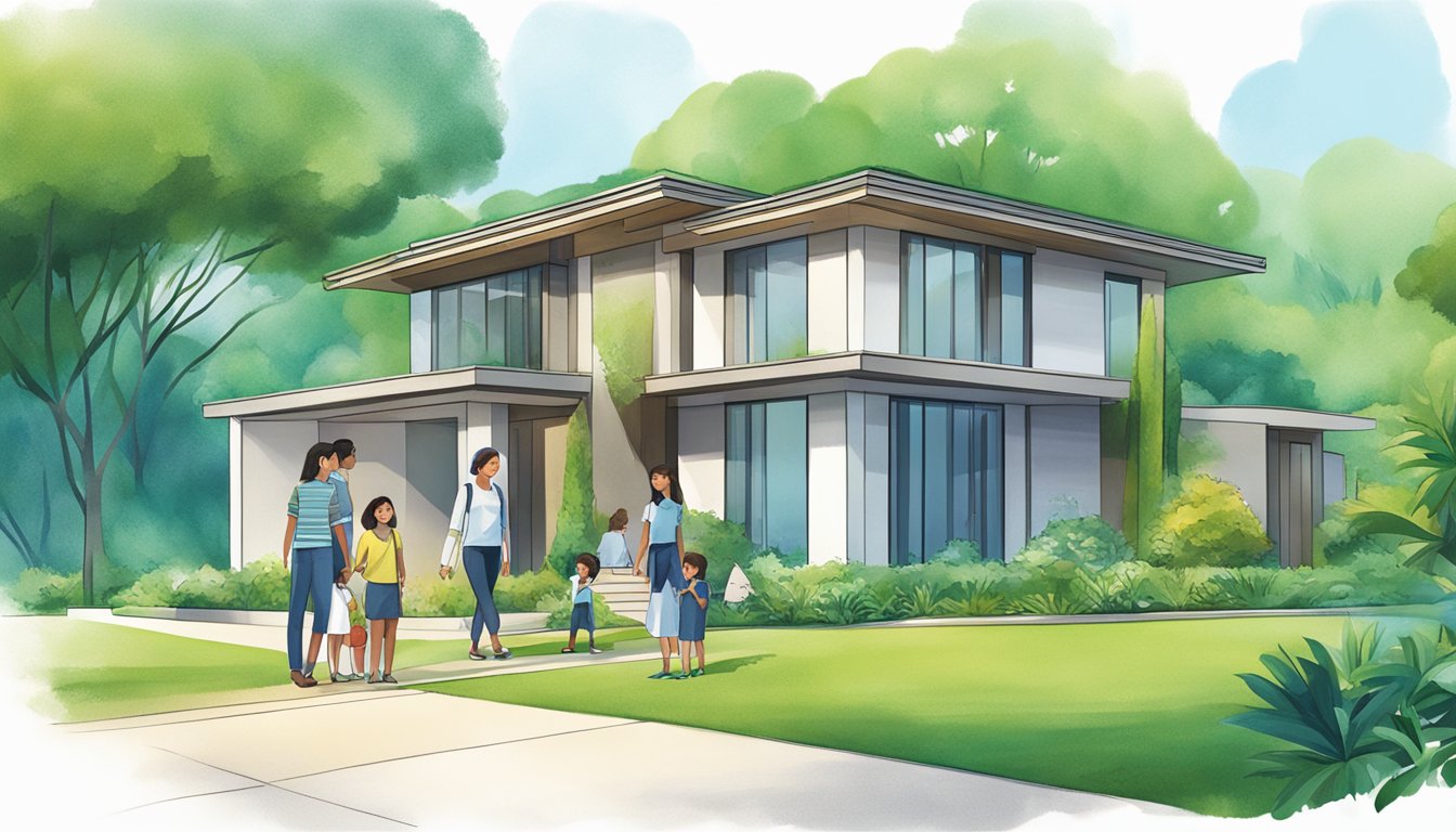 A family stands in front of a modern home, surrounded by lush greenery. The Standard Chartered logo is prominently displayed, symbolizing their environmentally-friendly home loan