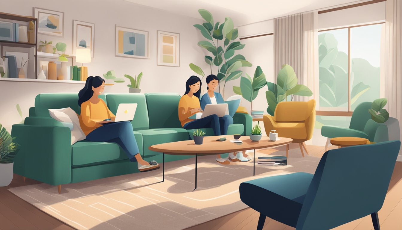 A cozy living room with a family discussing Standard Chartered Home Loan options in Singapore, with a laptop and paperwork on the coffee table
