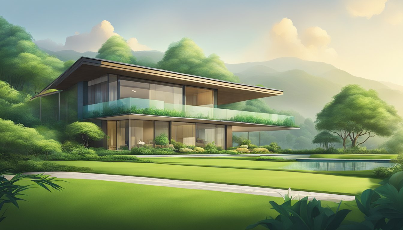 A lush green landscape with a modern house and a prominent Standard Chartered logo