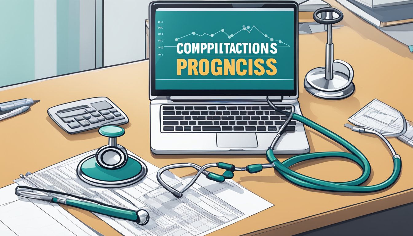 A stethoscope rests on a desk, next to a stack of medical charts and a computer displaying the words "Complications and Prognosis" in bold font