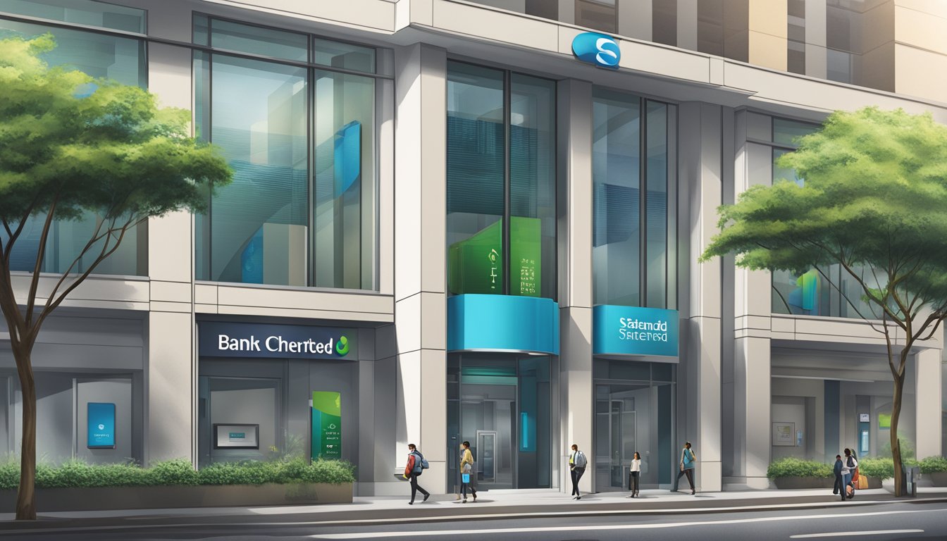 A modern, sleek bank building with the Standard Chartered logo prominently displayed. A sign in the window advertises "Home Loan Home Suite" with information about interest rates and lock-in periods