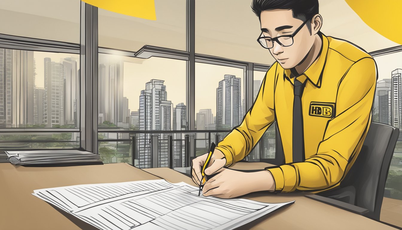 A person signs a document with Maybank HDB Home Loan Singapore for refinancing. The Maybank logo is visible in the background