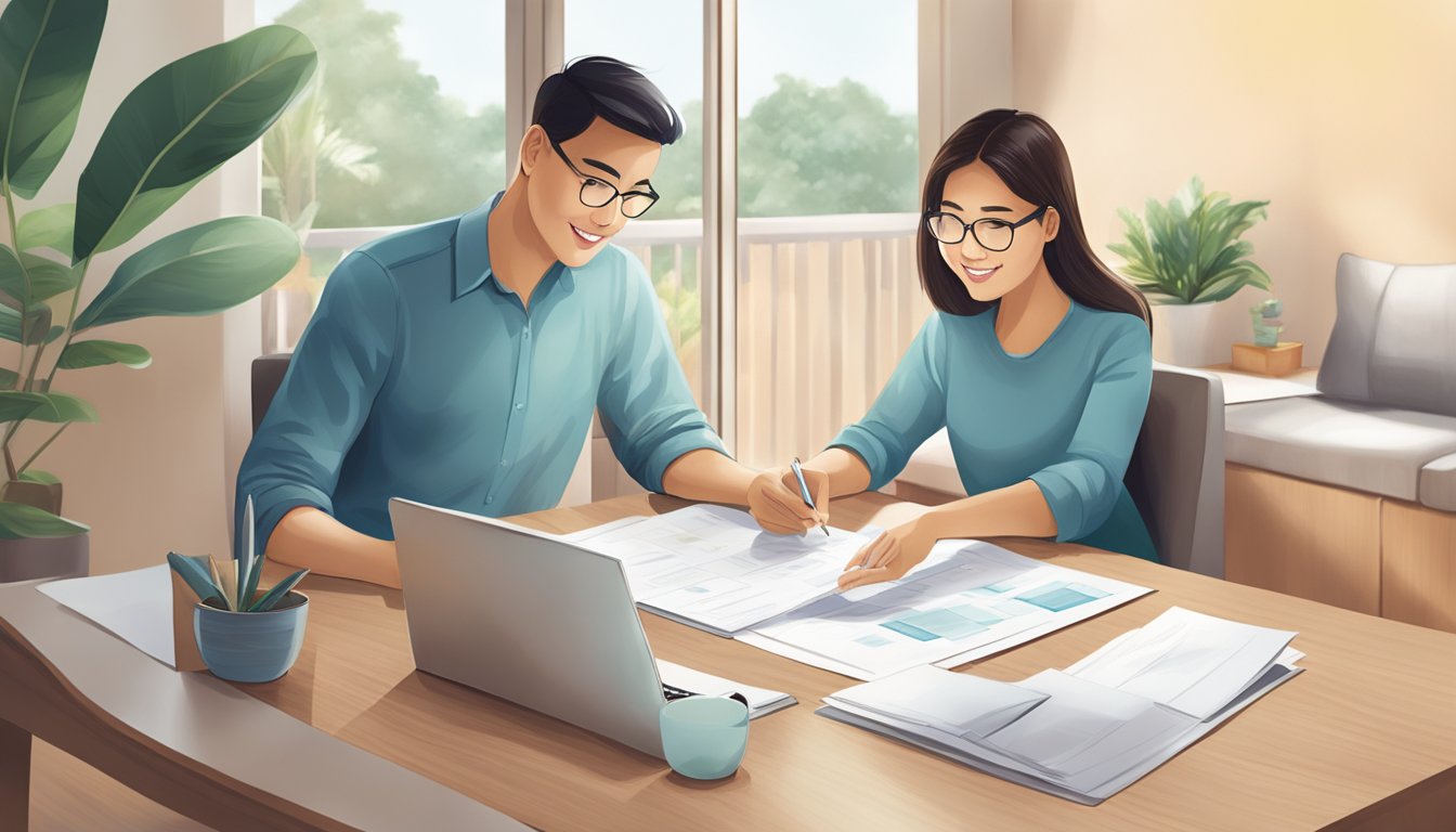 A couple sits at a table, reviewing paperwork for a Standard Chartered Home Loan MortgageOne in Singapore. The room is filled with natural light, creating a warm and inviting atmosphere