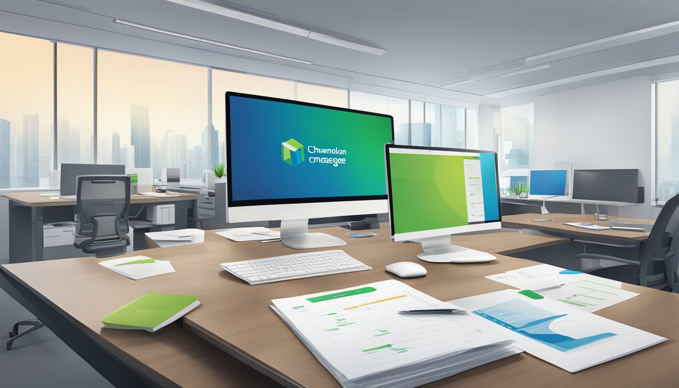A modern, sleek office space with a computer displaying the Standard Chartered logo. A stack of paperwork labeled "Home Loan MortgageOne Singapore" sits on a desk