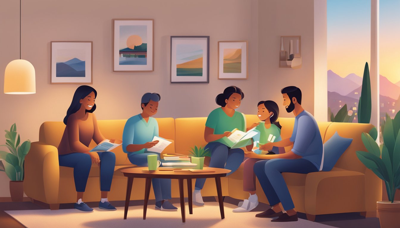 A family sits around a table, reviewing Standard Chartered Home Loan brochures in a cozy living room with warm lighting and modern decor